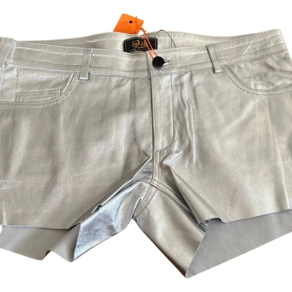 Von Dutch Metallic Silver 100% Leather Shorts Embossed Logo L NWT - Picture 3 of 7